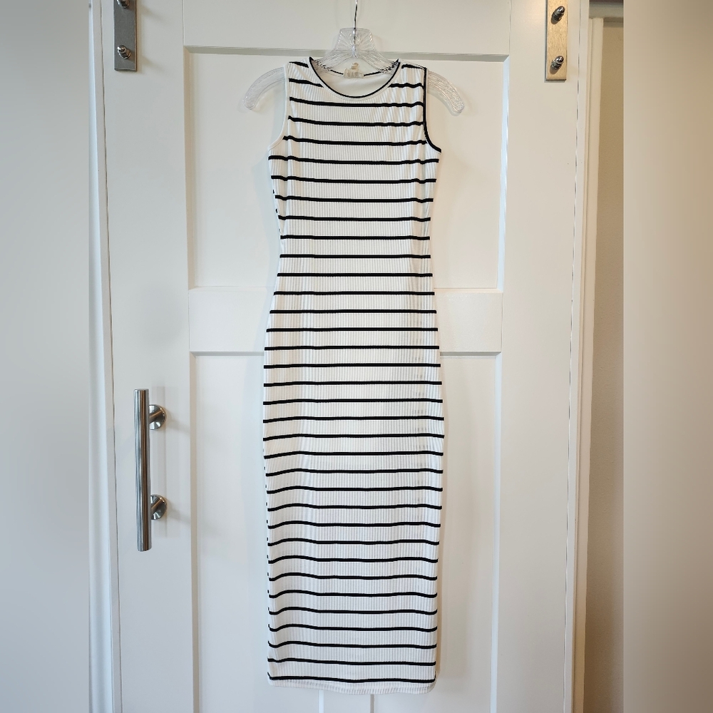 See You Monday White Ribbed Midi Dress with Black Stripes